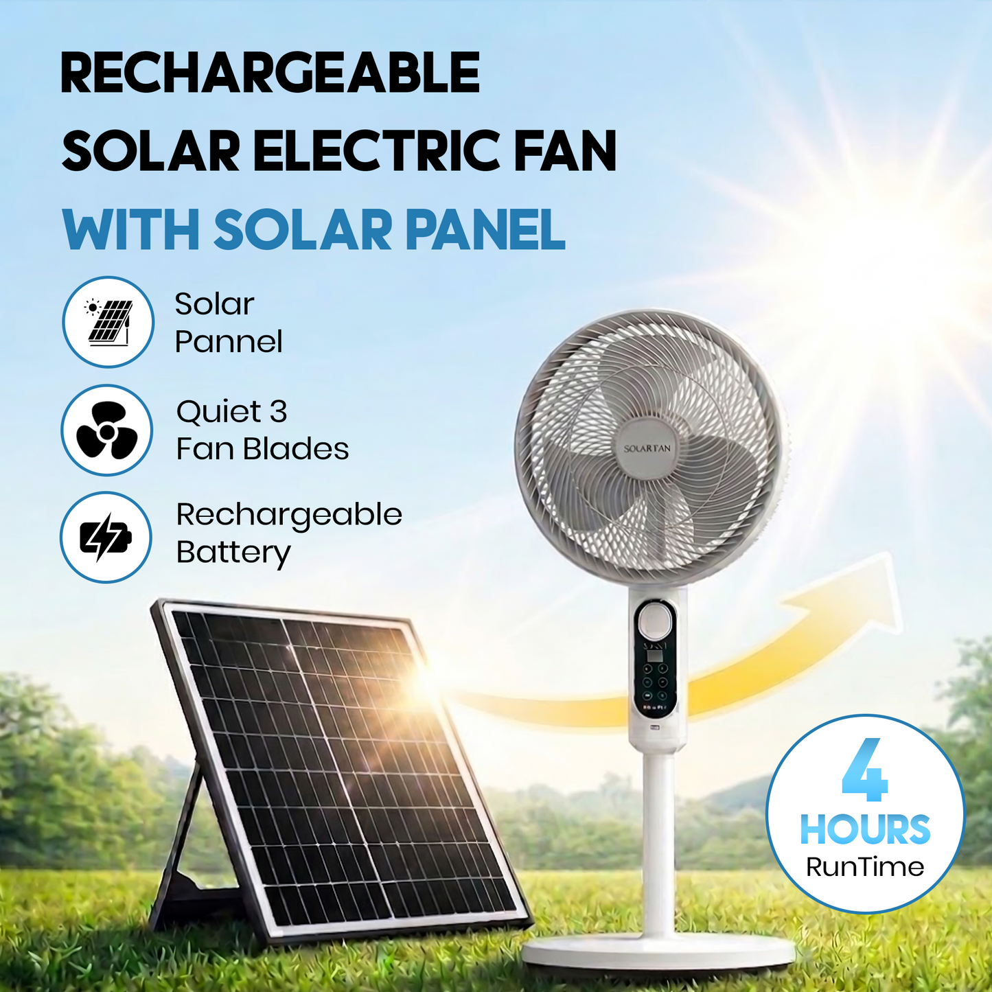 Rechargeable Solar Electric Fan with Solar Panel – 5-Blade Stand Fan - product image 7