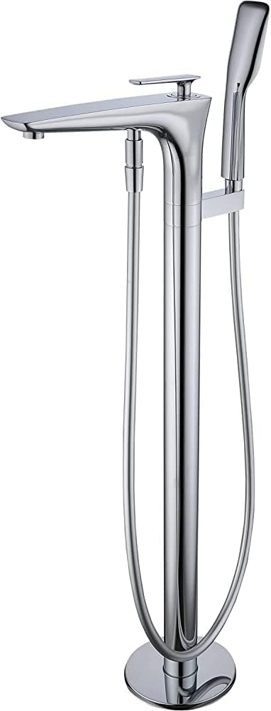 Bath Tap with Hand Shower, Brass Floor-Mounted Bathtub Faucet Set, Cold & Hot Single Handle Mixer with 1.5m Shower Hose in Black, Gold, and Silver - Tazeet.com