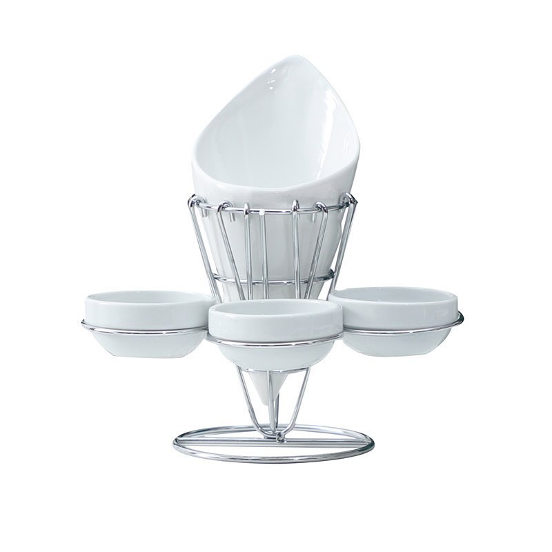 Porcelain French Fries Holder with 3 Dip Dishes – Stylish Serving Set with Sturdy Wire Frame - Tazeet.com