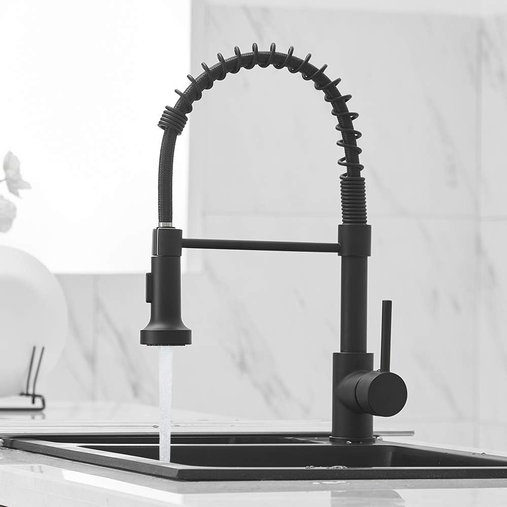 Matte Black, Silver, or Brushed Kitchen Faucet, SUS304 Stainless Steel Single Handle with Pull-Down Sprayer, Compact 15.7” Height, Lead-Free, Modern Industrial Design - Tazeet.com