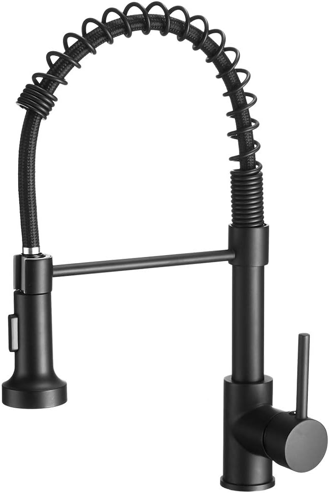 Matte Black, Silver, or Brushed Kitchen Faucet, SUS304 Stainless Steel Single Handle with Pull-Down Sprayer, Compact 15.7” Height, Lead-Free, Modern Industrial Design - Tazeet.com