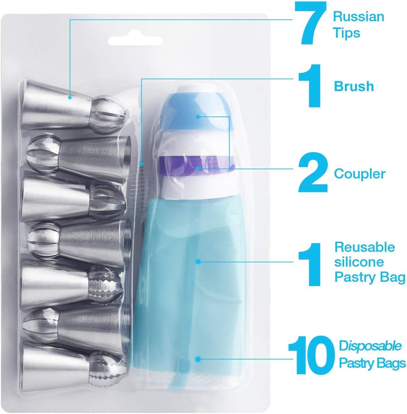 Tazeet 22-Piece Russian Piping Tips Cake Decorating Kit – Includes 8 Russian Tips, Disposable Pastry Bags, Reusable Silicone Bag, Couplers, and Cleaning Brush - Tazeet.com