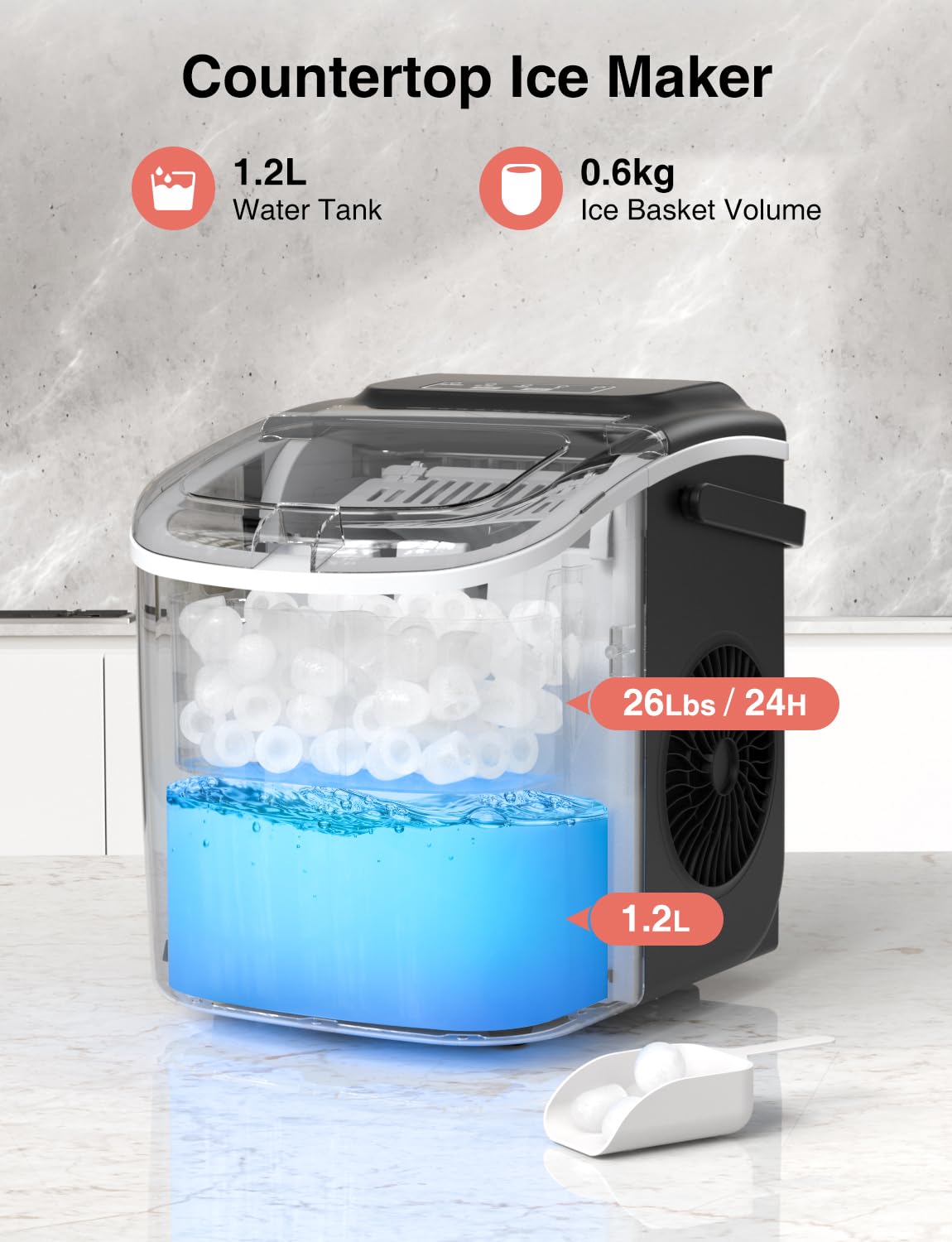 TAZEET Portable Ice Maker Machine – 12kg/24H, Self-Cleaning Countertop Ice Maker with Handle, Scoop & Basket – 9 Bullet Ice Cubes in 6 Mins – Ideal for Home, Office, Kitchen, Bar, Camping