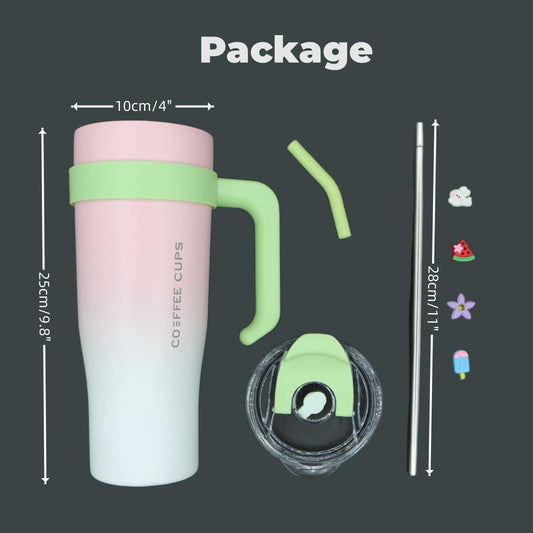 1200ml Stainless Steel Coffee Cup with Straw & Handle | Leakproof Travel Mug for Hot & Cold Drinks | Double-Wall Vacuum Insulated Coffee Cup | BPA-Free, Dishwasher-Safe - Tazeet.com