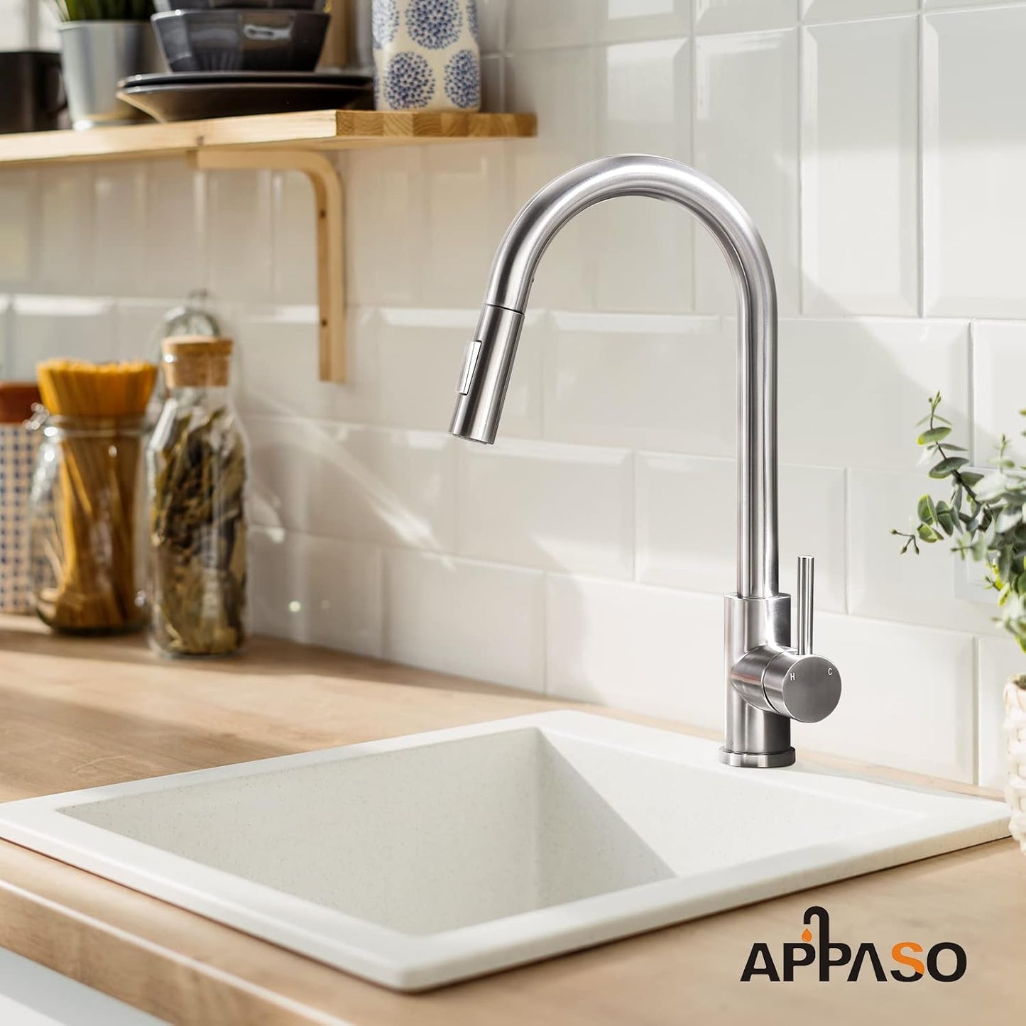 Kitchen Faucet with Pull-Down Sprayer, Brushed Nickel Kitchen Sink Mixer Tap, 2 Water Modes, 360° Rotating, Stainless Steel Single Handle Faucet - Tazeet.com