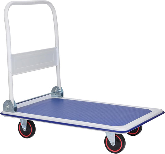 Heavy-Duty Platform Trolley 300kg – Foldable Handle, Stainless Steel & Metal Frame, Industrial & Warehouse Use