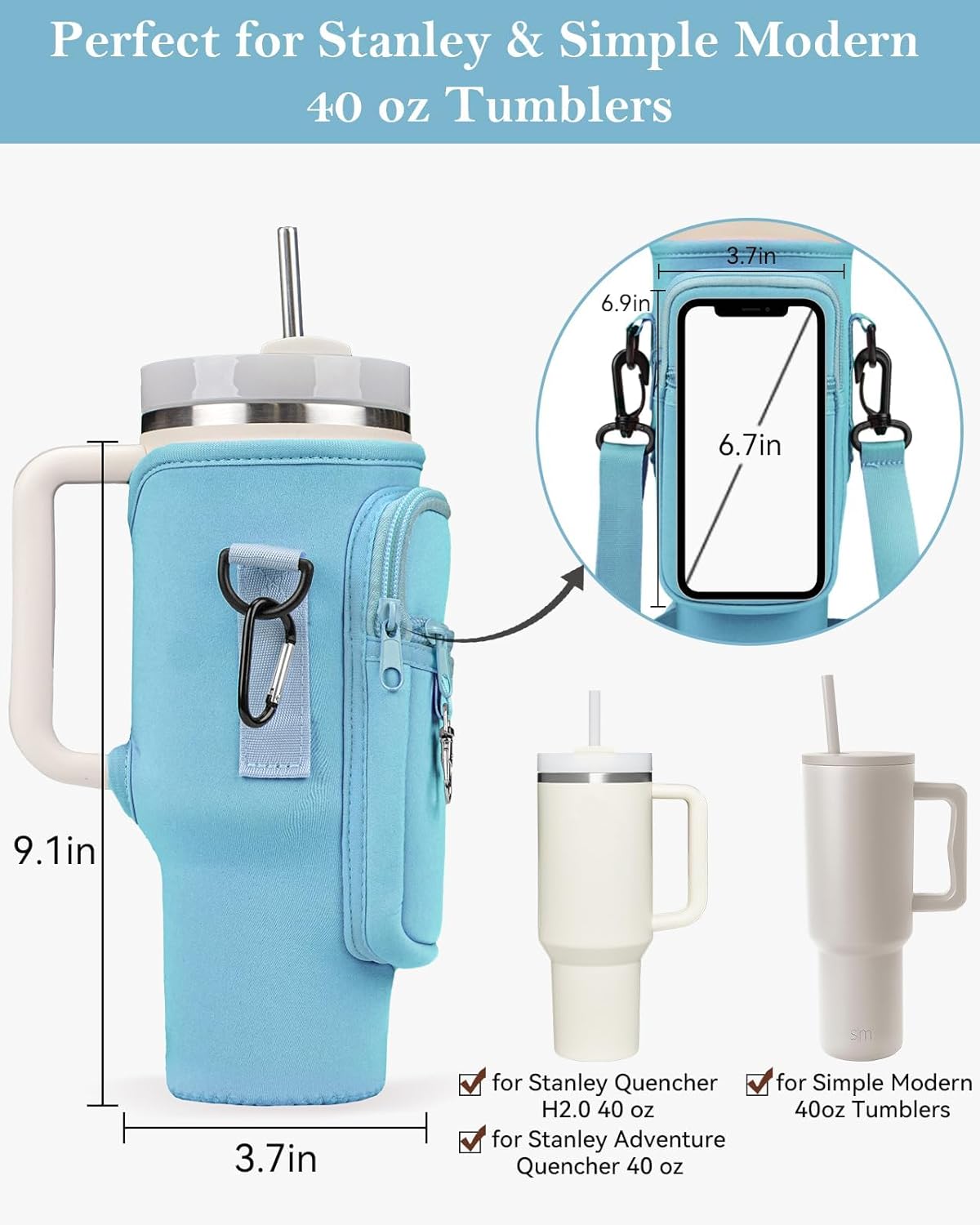 Stanley Mug Bag and Pouch with Adjustable Strap for Stanley 40oz and 30oz Tumbler – Neoprene Tumbler Bag with Phone Pocket, Scratch-Resistant Sleeve, Water Bottle Holder Accessories for Stanley - Tazeet.com