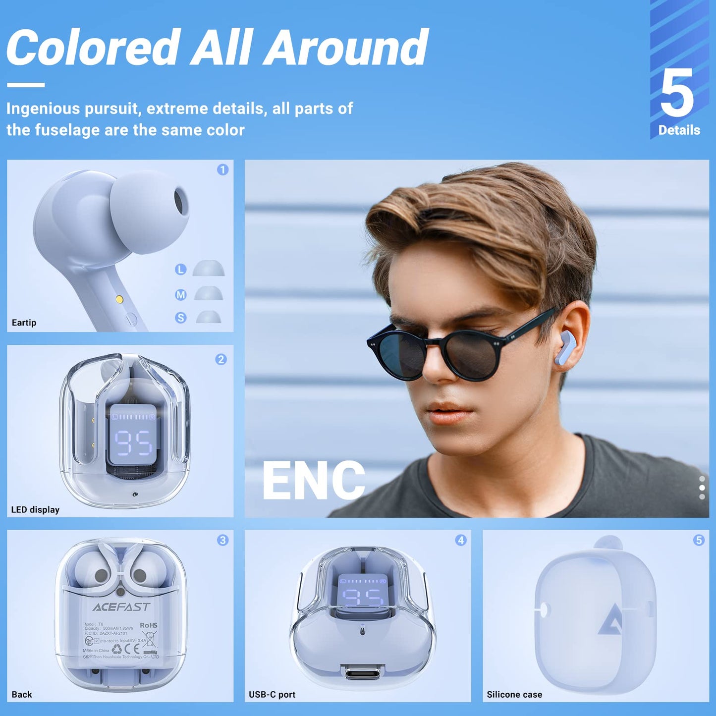 T6 Wireless Earbuds ENC Noise Cancelling, HiFi Stereo, LED Display & Mic - Tazeet.com