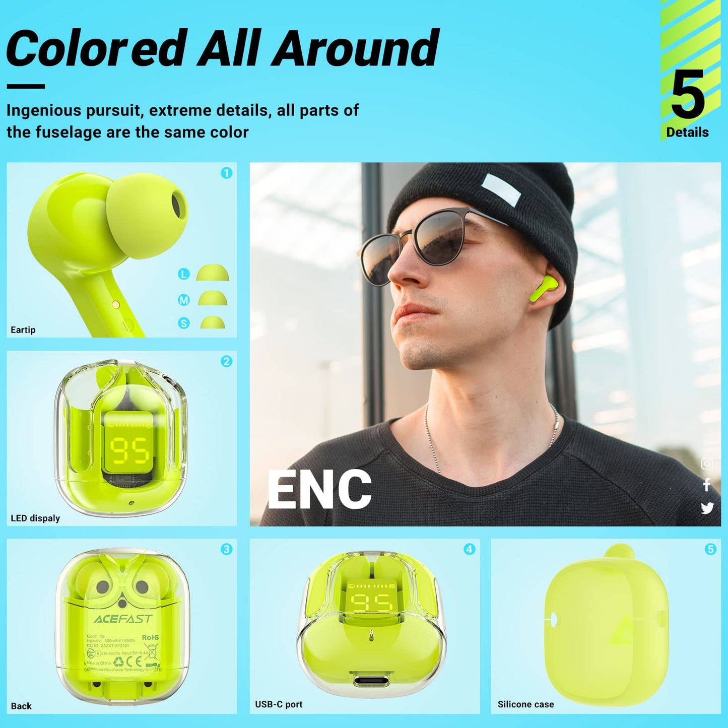 T6 Wireless Earbuds ENC Noise Cancelling, HiFi Stereo, LED Display & Mic - Tazeet.com