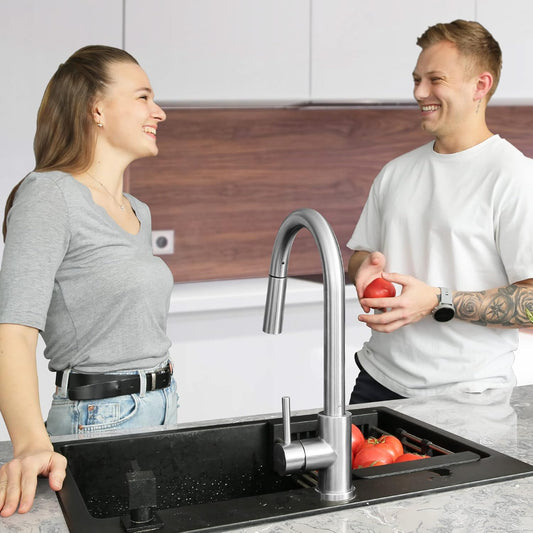 Kitchen Faucet with Pull-Down Sprayer, Brushed Nickel Kitchen Sink Mixer Tap, 2 Water Modes, 360° Rotating, Stainless Steel Single Handle Faucet - Tazeet.com