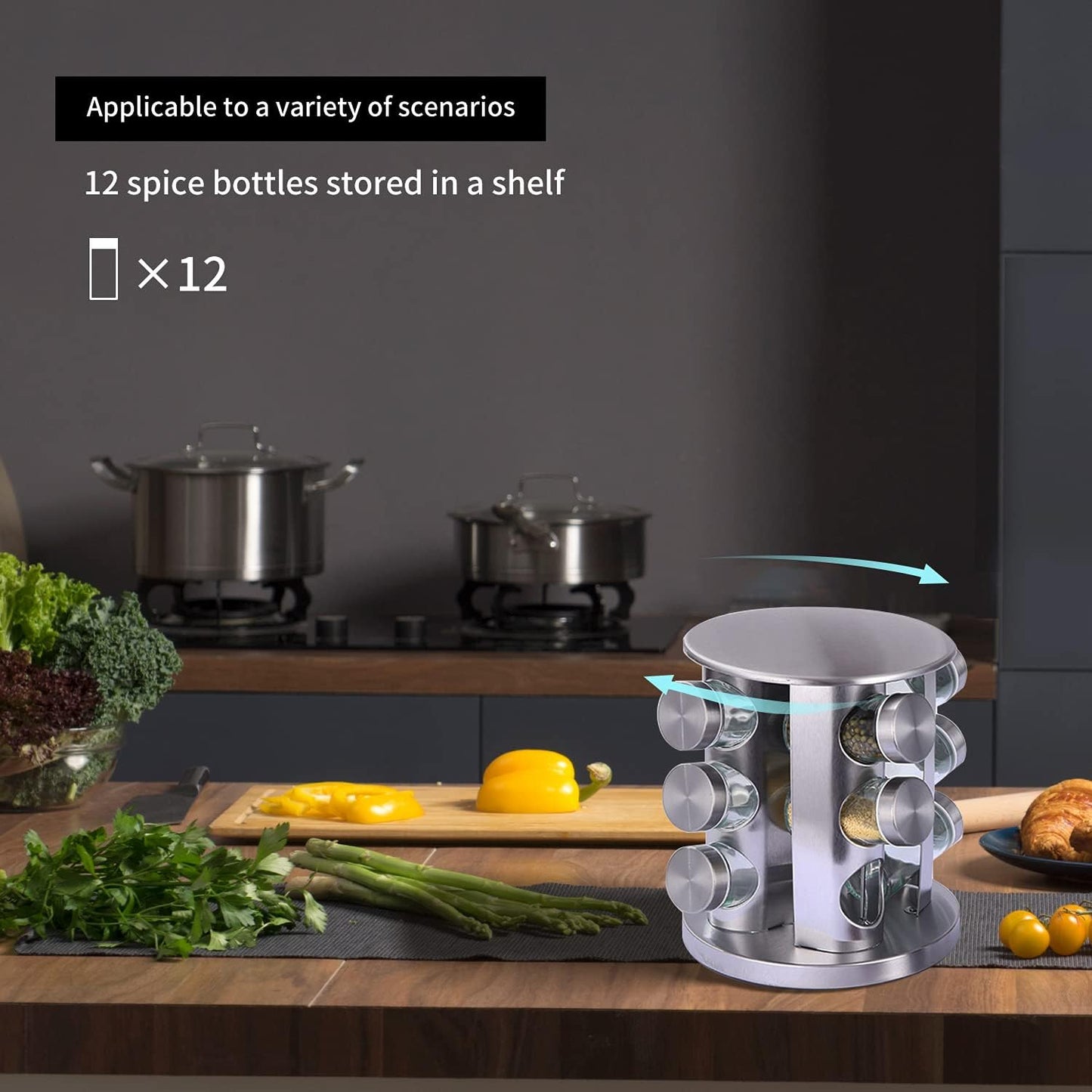 Tazeet Rotating spice rack with 12 jars, stainless steel and shatter-resistant glass jars for home and kitchen。 (True color, 12 spice jars) - Tazeet.com