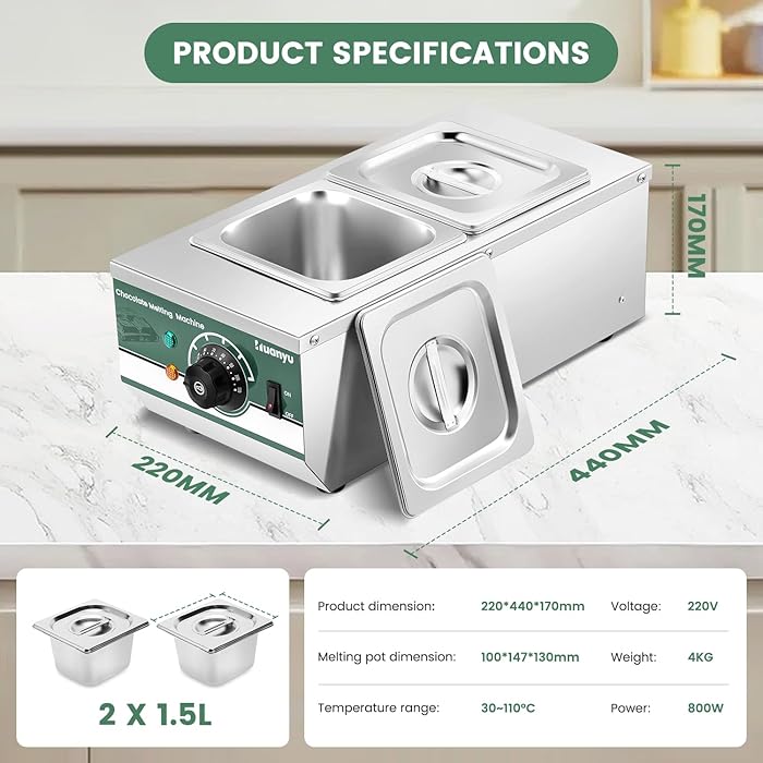 Huanyu 600W Commercial Chocolate Tempering Machine – 2x1.6L Pots, Adjustable Temperature (30°C~80°C), Water Heating for Chocolate, Cream, and More – Durable Stainless Steel Design for UAE Kitchens & Businesses - Tazeet.com