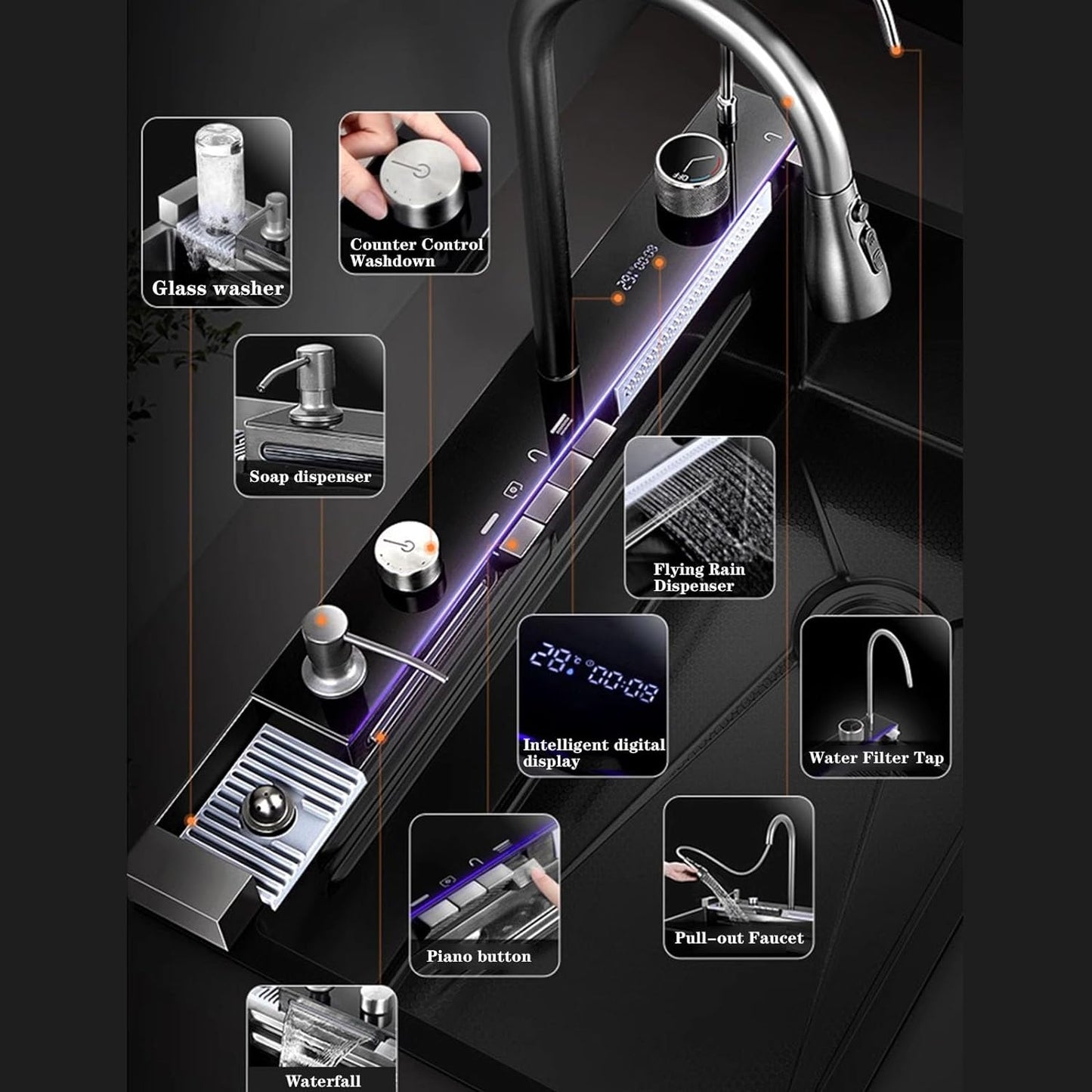 FIVIXIL Kitchen Sink Whale Digital Waterfall Sink with cup washer, soap dispenser, Flying Rain Waterfall Dispenser, Counter Controls, etc Workstation Kitchen Sink - Tazeet.com