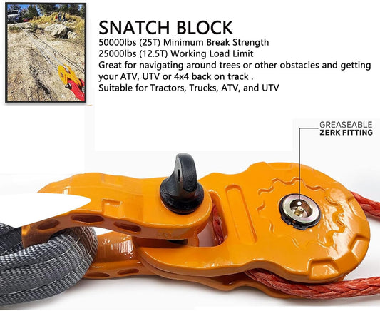 Dpofirs 50,000 Lbs (25T) Heavy-Duty Snatch Block – 25,000 Lbs (12.5T) Working Load Limit, Winch Pulley for Synthetic Rope & Steel Cable, for Tractor, Truck, ATV, UTV - Tazeet.com