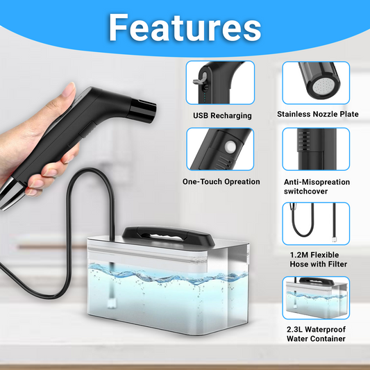 TAZEET Electric Portable Bidet Sprayer 2.3L Rechargeable Handheld Travel Toilet Washer – Personal Hygiene for Women, Baby & Elderly | Portable WC Cleaning (Black)