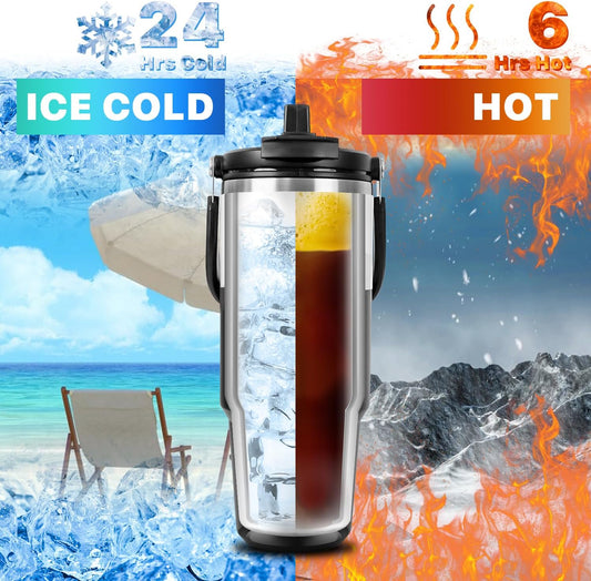 TYESO Insulated Stainless Steel Tumbler with Handle & 2-in-1 Straw Lid - Vacuum Sealed Travel Mug for Hot & Cold Beverages - Tazeet.com