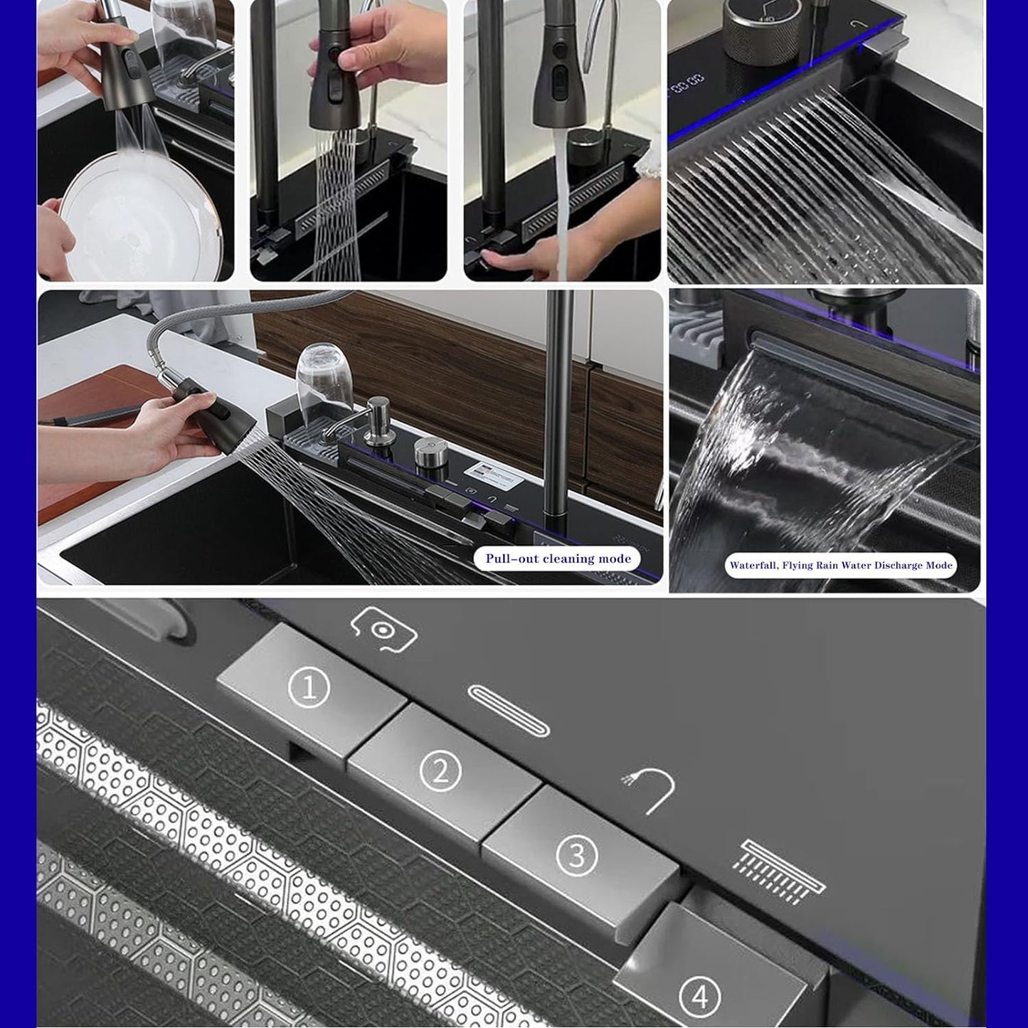 FIVIXIL Kitchen Sink Whale Digital Waterfall Sink with cup washer, soap dispenser, Flying Rain Waterfall Dispenser, Counter Controls, etc Workstation Kitchen Sink - Tazeet.com