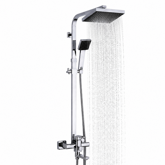 Chrome Bath Shower Mixer Faucet – Wall Mount 8-Inch Shower Head with Hand Shower
