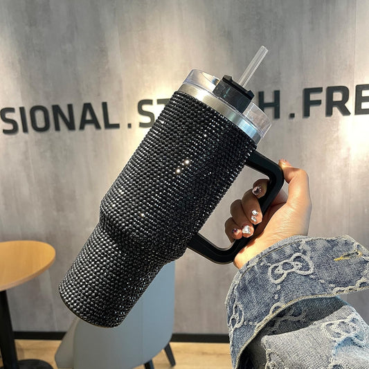 40 Oz Tumbler With Handle Studded Tumbler With Lid and Straw Insulated Stainless Steel Double Wall Water Cup Travel Mug Water Bottle Tumblr For Women - Tazeet.com