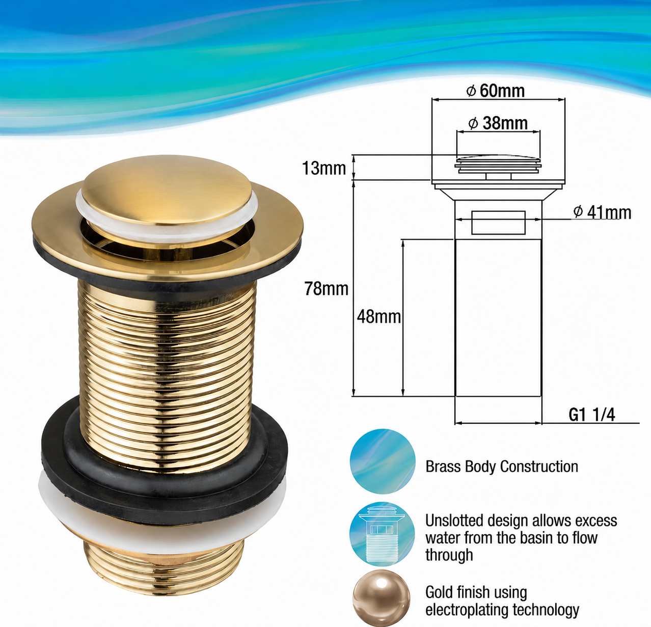 Brushed Gold Click-Clack Basin Waste - Brass Pop-Up Sink Drain Plug - product image 6