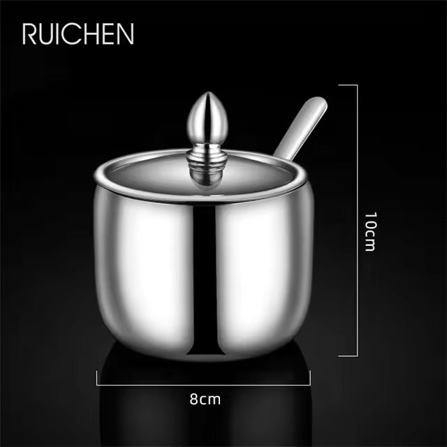 Tazeet Stainless Steel Seasoning Box Set, 3-Grid Sugar Bowl with Spoons, Glass Lid & Tray, Rust-Proof & Durable, Multipurpose Condiment Container for Salt, Pepper, Spice, Home Kitchen Storage - Tazeet.com