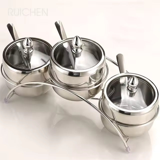Tazeet Stainless Steel Seasoning Box Set, 3-Grid Sugar Bowl with Spoons, Glass Lid & Tray, Rust-Proof & Durable, Multipurpose Condiment Container for Salt, Pepper, Spice, Home Kitchen Storage - Tazeet.com