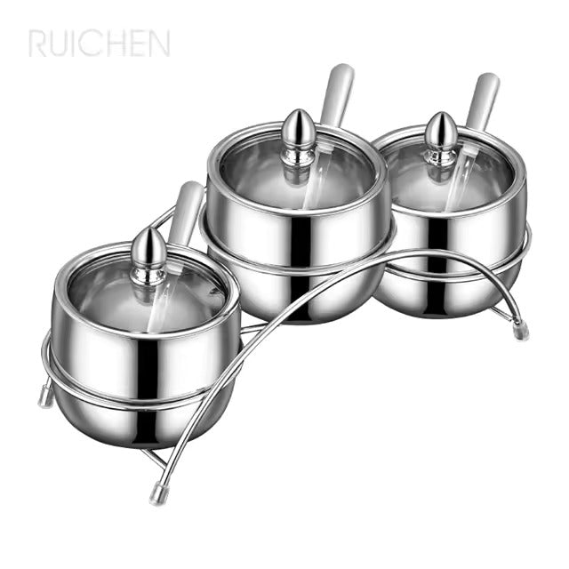 Tazeet Stainless Steel Seasoning Box Set, 3-Grid Sugar Bowl with Spoons, Glass Lid & Tray, Rust-Proof & Durable, Multipurpose Condiment Container for Salt, Pepper, Spice, Home Kitchen Storage - Tazeet.com