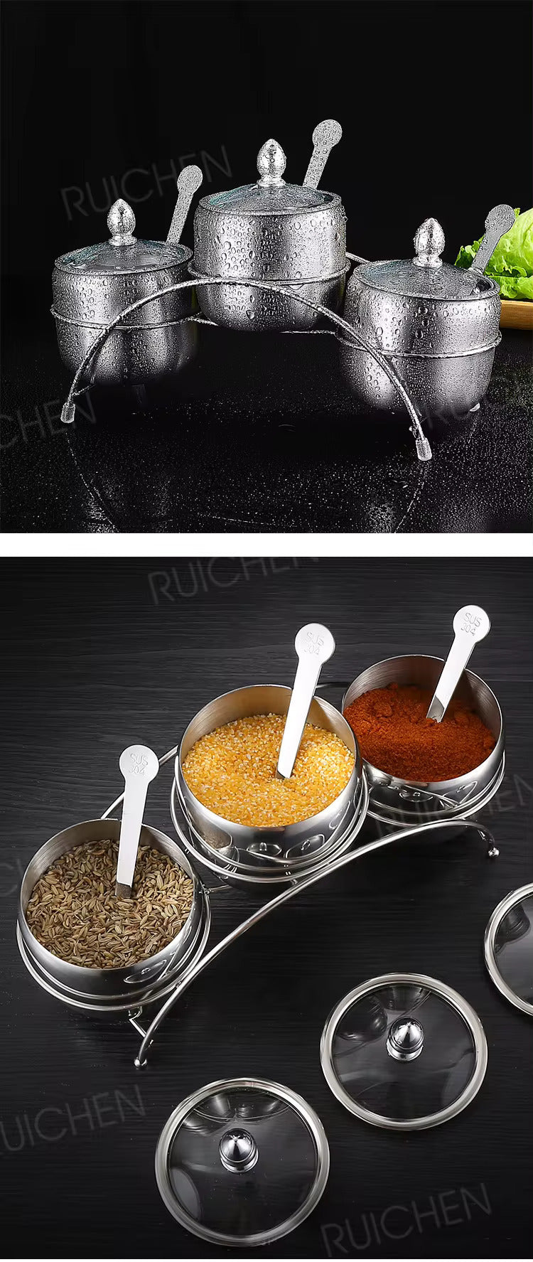 Tazeet Stainless Steel Seasoning Box Set, 3-Grid Sugar Bowl with Spoons, Glass Lid & Tray, Rust-Proof & Durable, Multipurpose Condiment Container for Salt, Pepper, Spice, Home Kitchen Storage - Tazeet.com