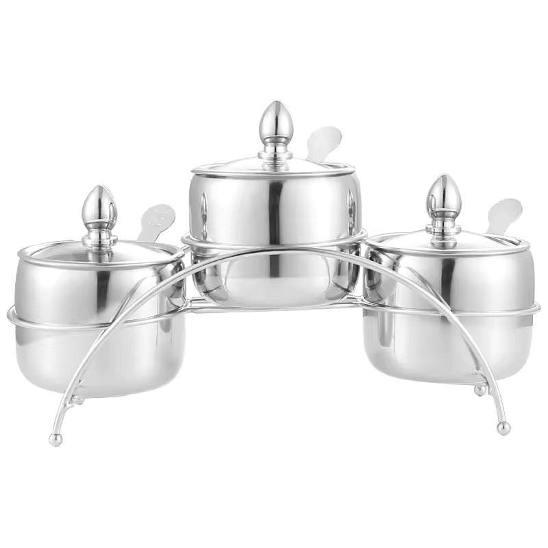 Tazeet Stainless Steel Seasoning Box Set, 3-Grid Sugar Bowl with Spoons, Glass Lid & Tray, Rust-Proof & Durable, Multipurpose Condiment Container for Salt, Pepper, Spice, Home Kitchen Storage - Tazeet.com
