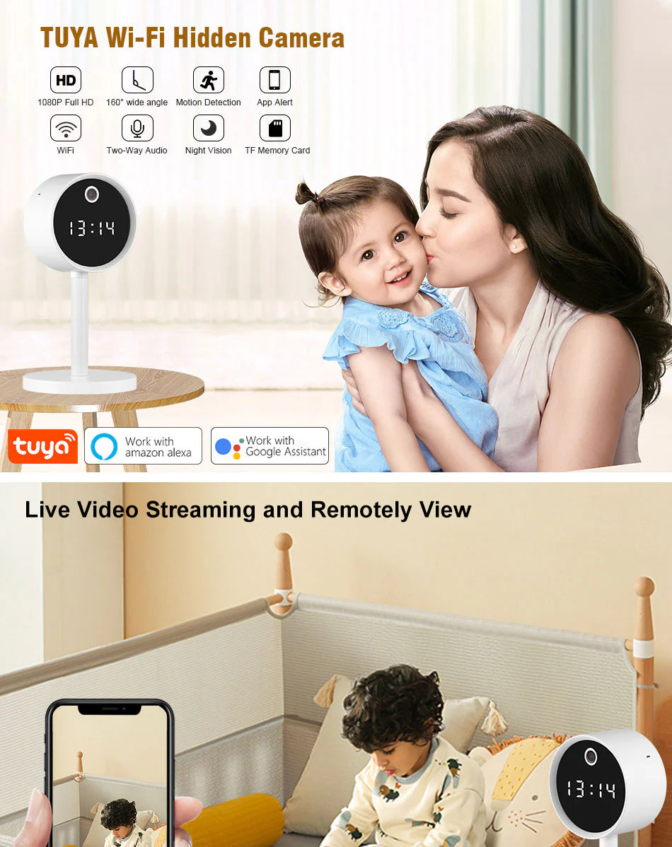 X8-1080P Wi-Fi Clock Camera | Wireless Home Security Cam with Night Vision & Two-Way Audio - Tazeet.com