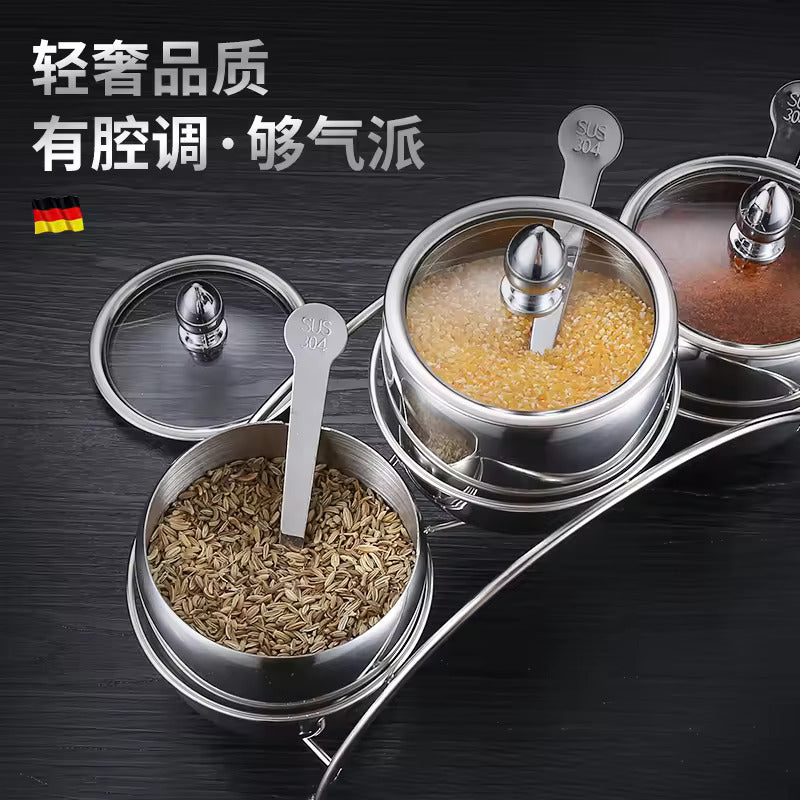 Tazeet Stainless Steel Seasoning Box Set, 3-Grid Sugar Bowl with Spoons, Glass Lid & Tray, Rust-Proof & Durable, Multipurpose Condiment Container for Salt, Pepper, Spice, Home Kitchen Storage - Tazeet.com
