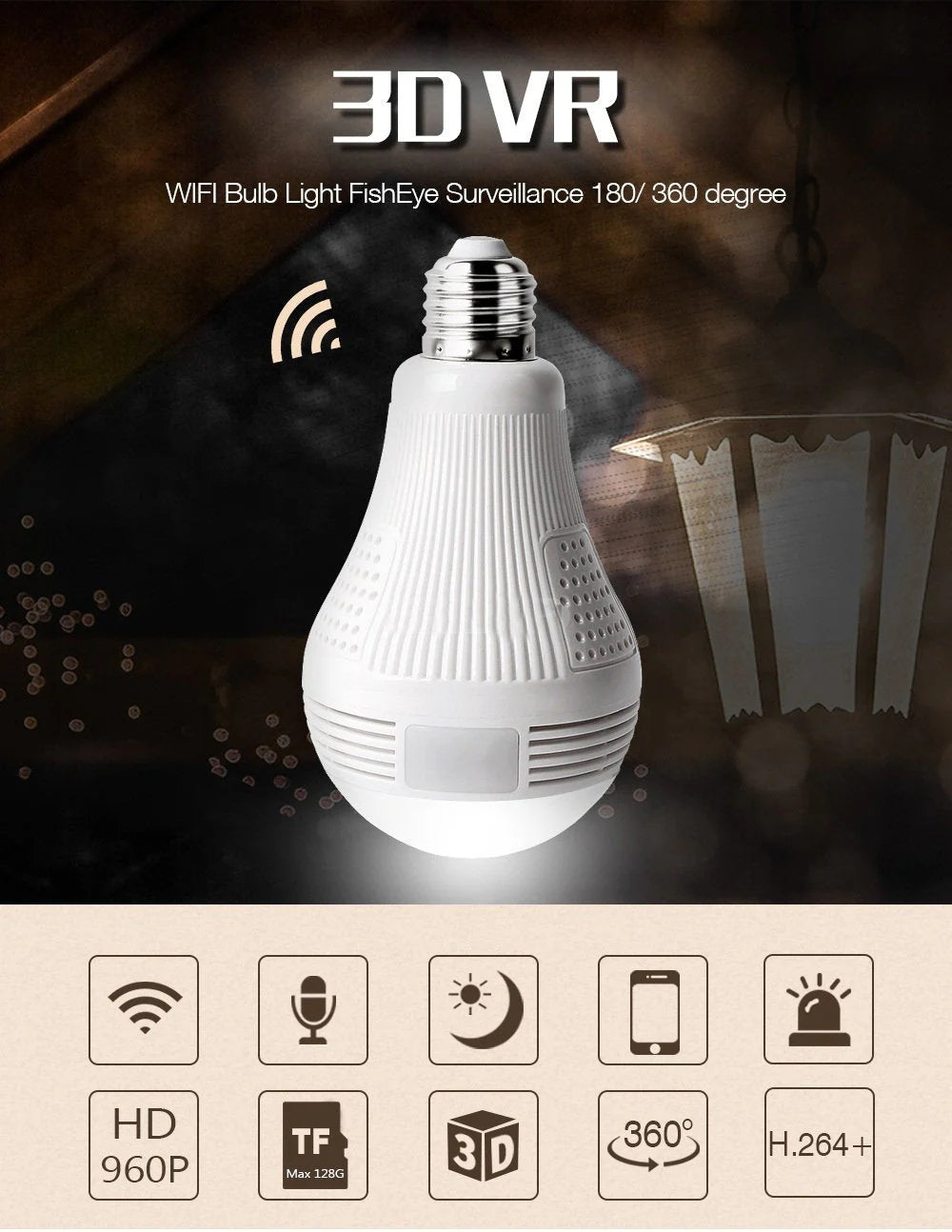 Panoramic Wide Bulb Camera B13-I-V2 | 1.3MP | 960P HD Resolution | 360° View | Motion Detection | Two-way Audio | Wi-Fi | App Connectivity - Tazeet.com