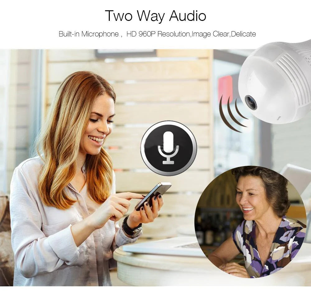 Panoramic Wide Bulb Camera B13-I-V2 | 1.3MP | 960P HD Resolution | 360° View | Motion Detection | Two-way Audio | Wi-Fi | App Connectivity - Tazeet.com