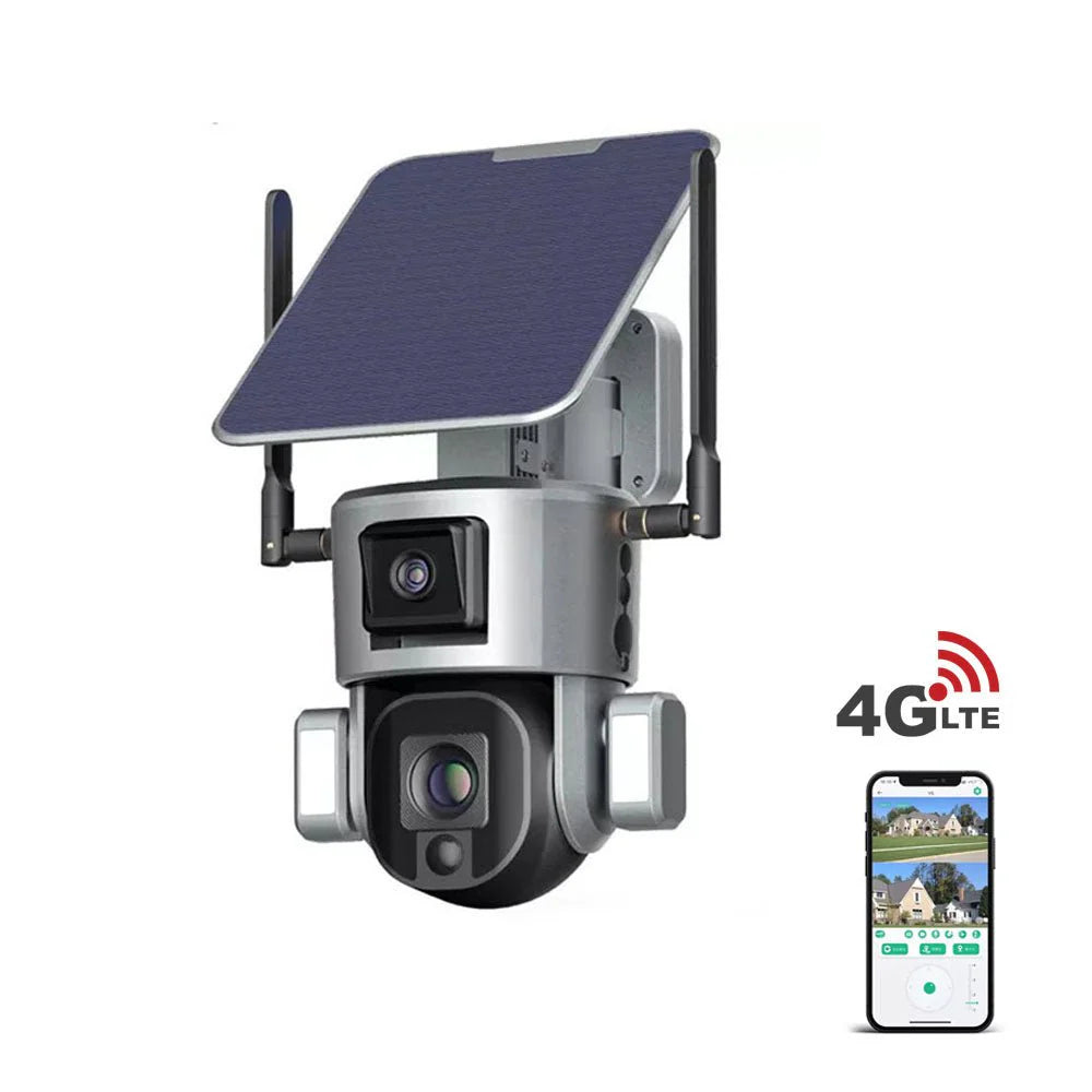 Wireless Solar Dual Lens Security Camera S5 | 4MP + 4MP, 4K Resolution, 10x Zoom, PTZ Function, IP66 Waterproof - Tazeet.com