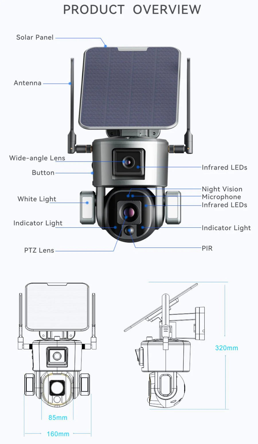 Wireless Solar Dual Lens Security Camera S5 | 4MP + 4MP, 4K Resolution, 10x Zoom, PTZ Function, IP66 Waterproof - Tazeet.com