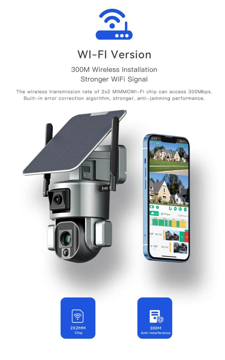 Wireless Solar Dual Lens Security Camera D5 | 4MP + 4MP, 4K Resolution, PTZ Function, IP66 Waterproof - Tazeet.com
