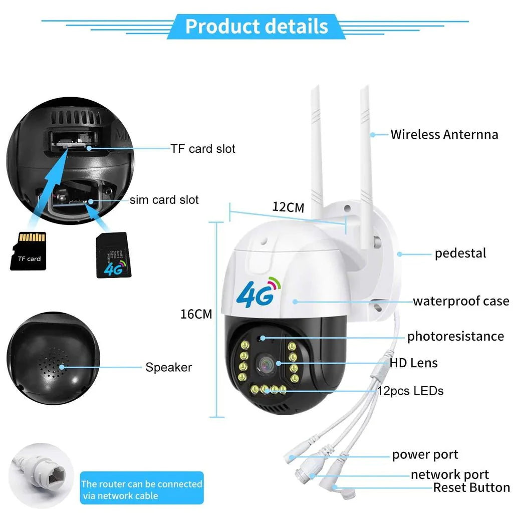 P20 4G PTZ Wireless Camera | 2MP, 1080P, Motion Detection, IP66 Waterproof - Tazeet.com