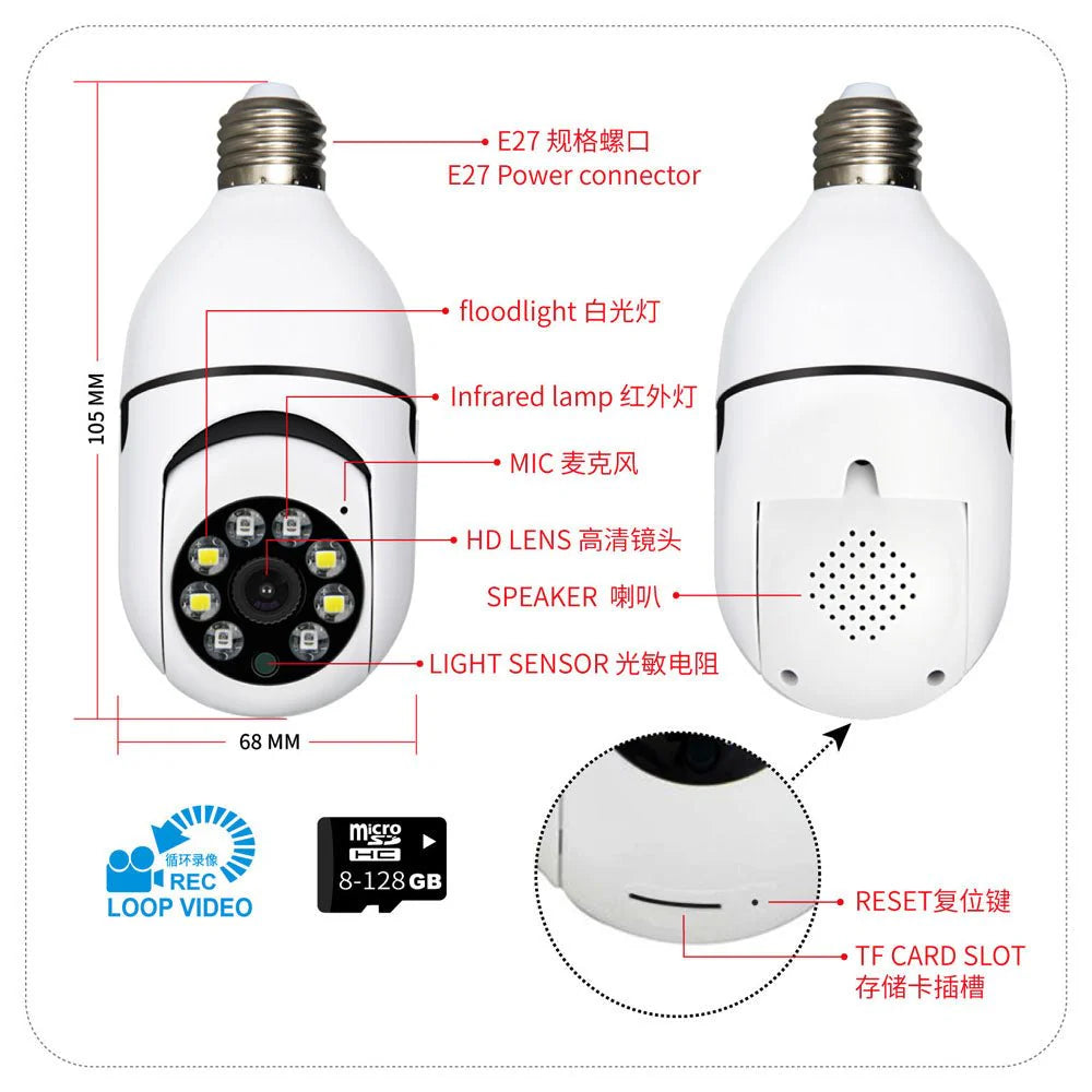 PTZ Wireless Bulb Camera Y22 | 2MP 1080P Resolution | 360° Pan & 90° Tilt | IR Night Vision | Motion Detection | Wi-Fi | App Connectivity - Tazeet.com