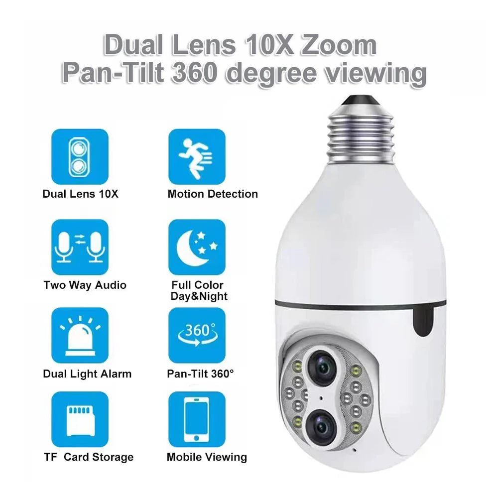 PTZ Wireless Bulb Dual Lens Camera Y24 | 4MP Dual Lens | 1080P Resolution | 10x Zoom | 360° Pan & 90° Tilt | Motion Detection | IR Night Vision | Wi-Fi | App Connectivity - Tazeet.com