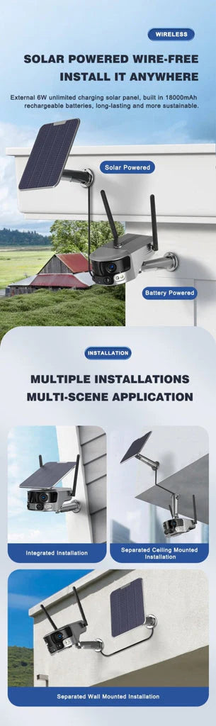 Wireless Solar Dual Lens Camera Y6 | 8MP + 8MP, 4K Resolution, Human Tracking, 180° Wide View - Tazeet.com