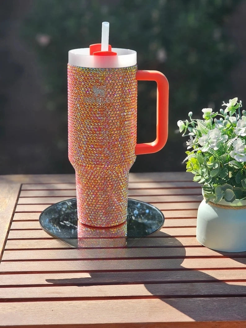 40 Oz Tumbler With Handle Studded Tumbler With Lid and Straw Insulated Stainless Steel Double Wall Water Cup Travel Mug Water Bottle Tumblr For Women - Tazeet.com