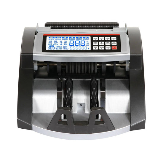Money counting machine with digital display on a white background