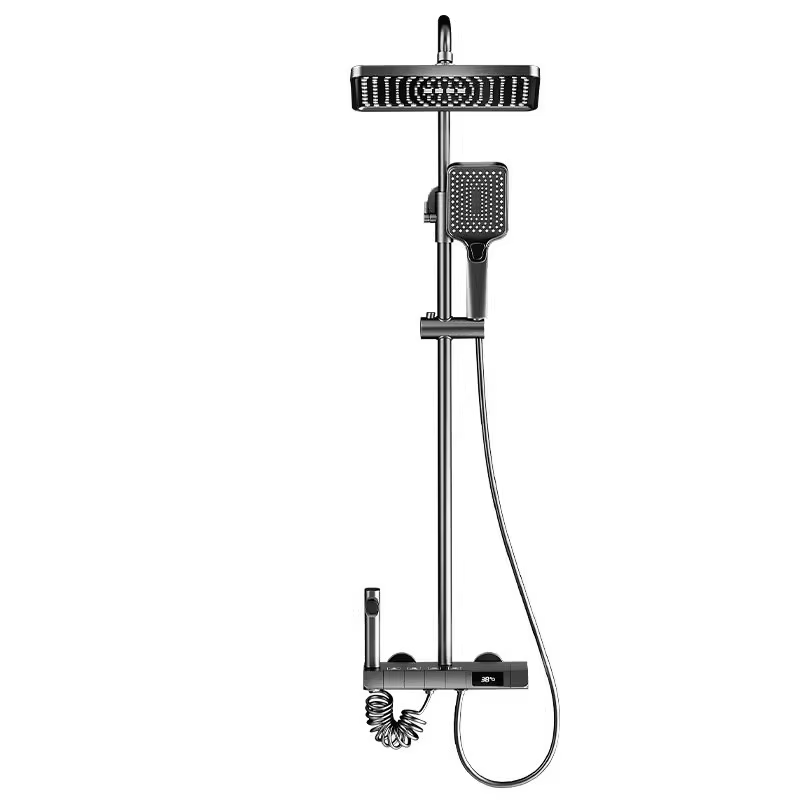 Luxury Thermostatic Shower Set with Digital Display – Gun Grey | High-Pressure Rainfall Shower System with Piano Button Control