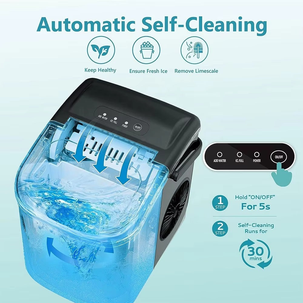 TAZEET Portable Ice Maker Machine – 12kg/24H, Self-Cleaning Countertop Ice Maker with Handle, Scoop & Basket – 9 Bullet Ice Cubes in 6 Mins – Ideal for Home, Office, Kitchen, Bar, Camping