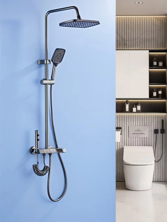 Luxury Thermostatic Shower Set with Digital Display – Gun Grey | High-Pressure Rainfall Shower System with Piano Button Control