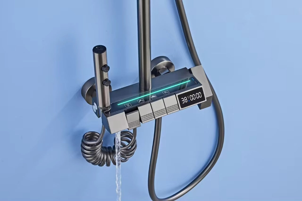 Luxury Thermostatic Shower Set with Digital Display – Gun Grey | High-Pressure Rainfall Shower System with Piano Button Control