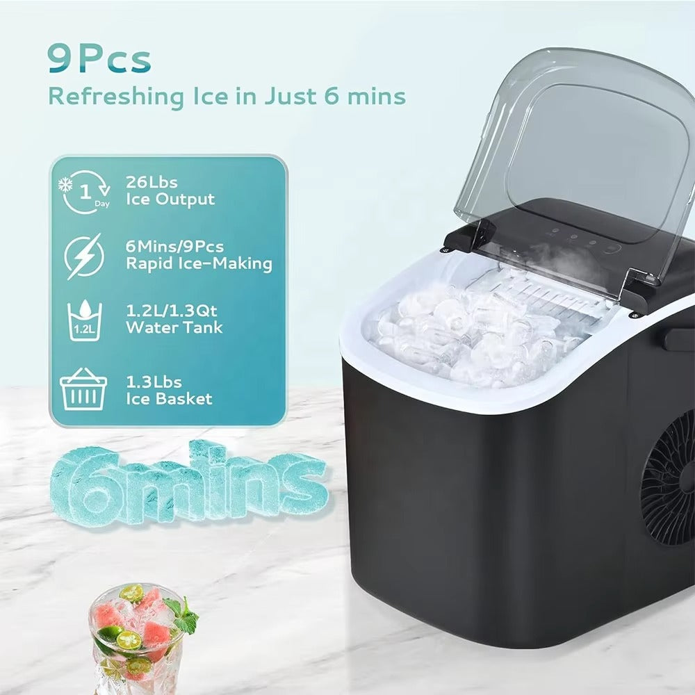 TAZEET Portable Ice Maker Machine – 12kg/24H, Self-Cleaning Countertop Ice Maker with Handle, Scoop & Basket – 9 Bullet Ice Cubes in 6 Mins – Ideal for Home, Office, Kitchen, Bar, Camping