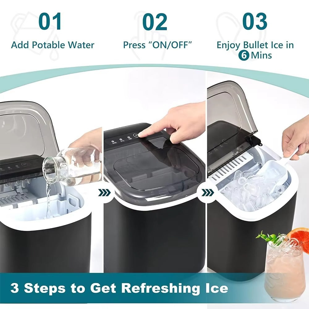 TAZEET Portable Ice Maker Machine – 12kg/24H, Self-Cleaning Countertop Ice Maker with Handle, Scoop & Basket – 9 Bullet Ice Cubes in 6 Mins – Ideal for Home, Office, Kitchen, Bar, Camping