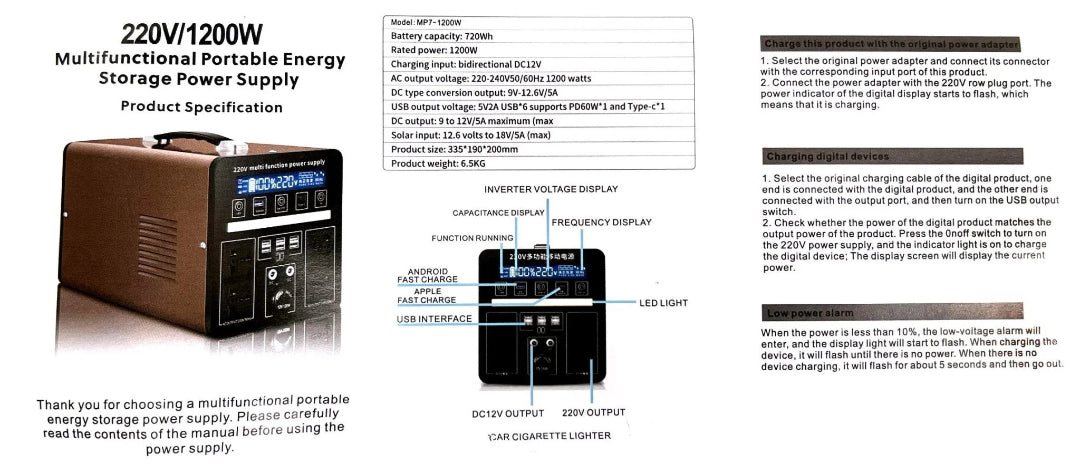 High-Capacity Portable Power Station MP7-1200W – 1200W Output with 720Wh Battery, Multiple Charging Ports