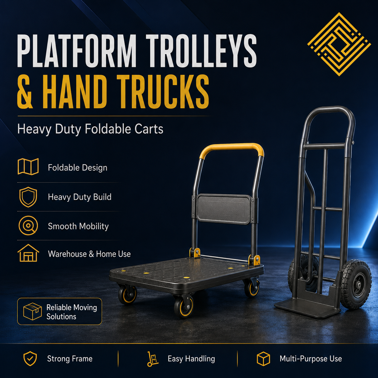 Platform trolleys, foldable carts, and pallet jacks